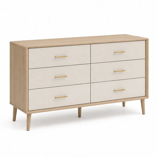 Cassettiera in legno e tessuto beige con sei cassetti