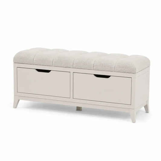 Panca contenitore con cassetti in legno e tessuto bouclé beige 120x40x45 cm