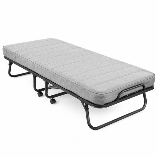 Letto Pieghevole Singolo in Metallo con Materasso in Tessuto Grigio