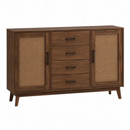Credenza in legno di noce e rattan con cassetti e ante