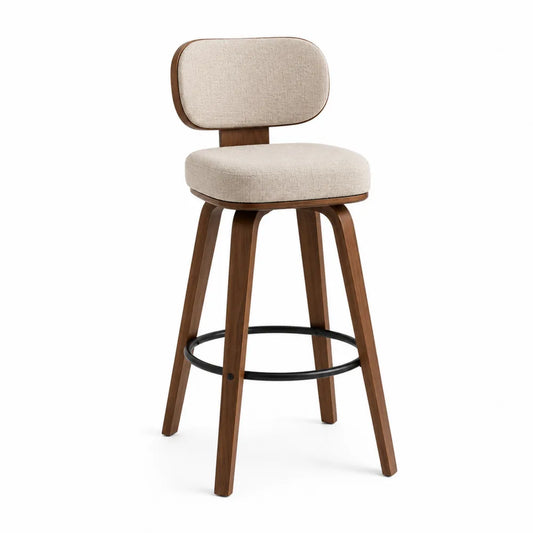 Sgabello in Legno e Tessuto Beige con Poggiapiedi
