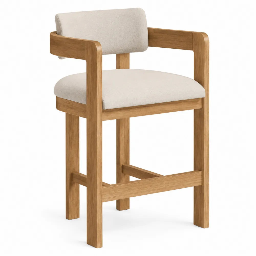 Sgabello in legno con seduta in tessuto lino beige 75 cm