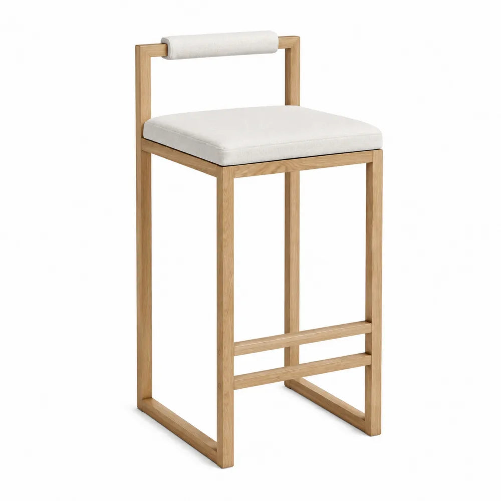 Sgabello da bar in legno con rivestimento tessile bianco
