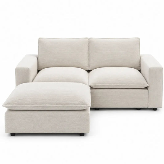 Divano con penisola in tessuto beige con struttura in legno di pino