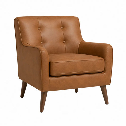Poltrona in Pelle Sintetica Marrone con Gambe in Legno