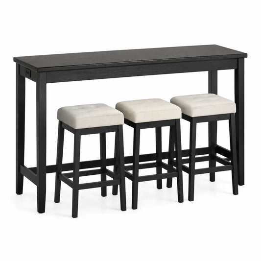 Set tavolo bar rettangolare nero con sgabelli in legno e tessuto poliestere crema