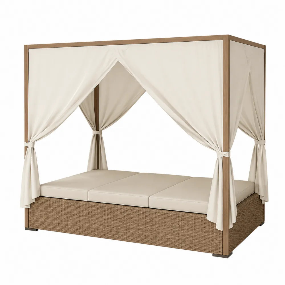 Lettino da giorno in legno e rattan con tende in poliestere crema