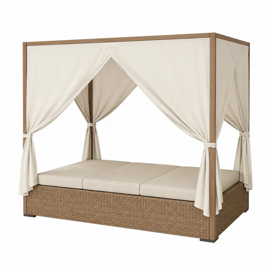 Lettino da giorno in legno e rattan con tende in poliestere crema