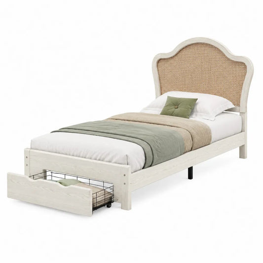Letto singolo in legno di pino bianco con testiera in rattan e cassetto 200x100 cm