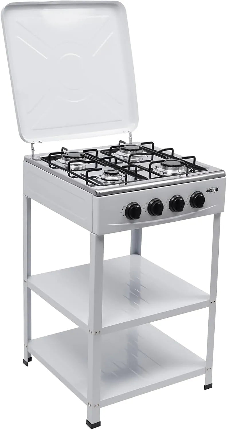 Piano cottura a gas, 49 x 49 x 79 cm, 4 fuochi, libera installazione, fornello a gas, bianco, carrello per barbecue con coperchio