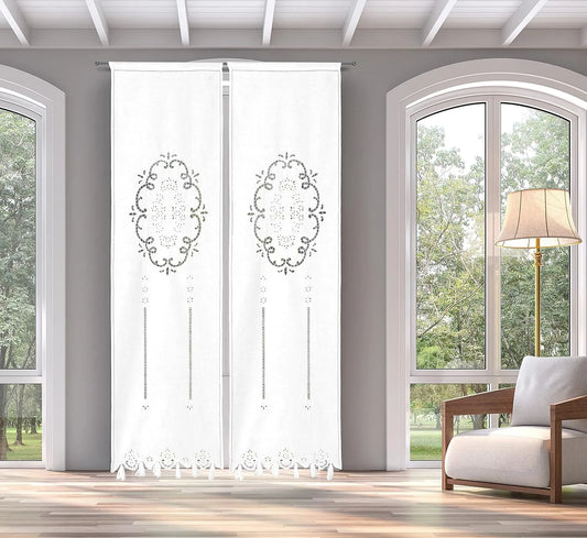 Prodotto 80x130, Zenoni & Colombi Coppia di Tende Ricamate a mano Doria Made in Italy Misto Lino Varie Dimensioni