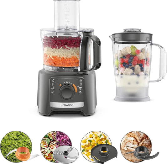 Kenwood FDP31.170GY Frullatore, 2 L, 800 W, Ciotola da 2, Kenwood Multipro Compact FDP31.170GY, Robot Tritatutto da Cucina con 2 Velocità + Pulse in