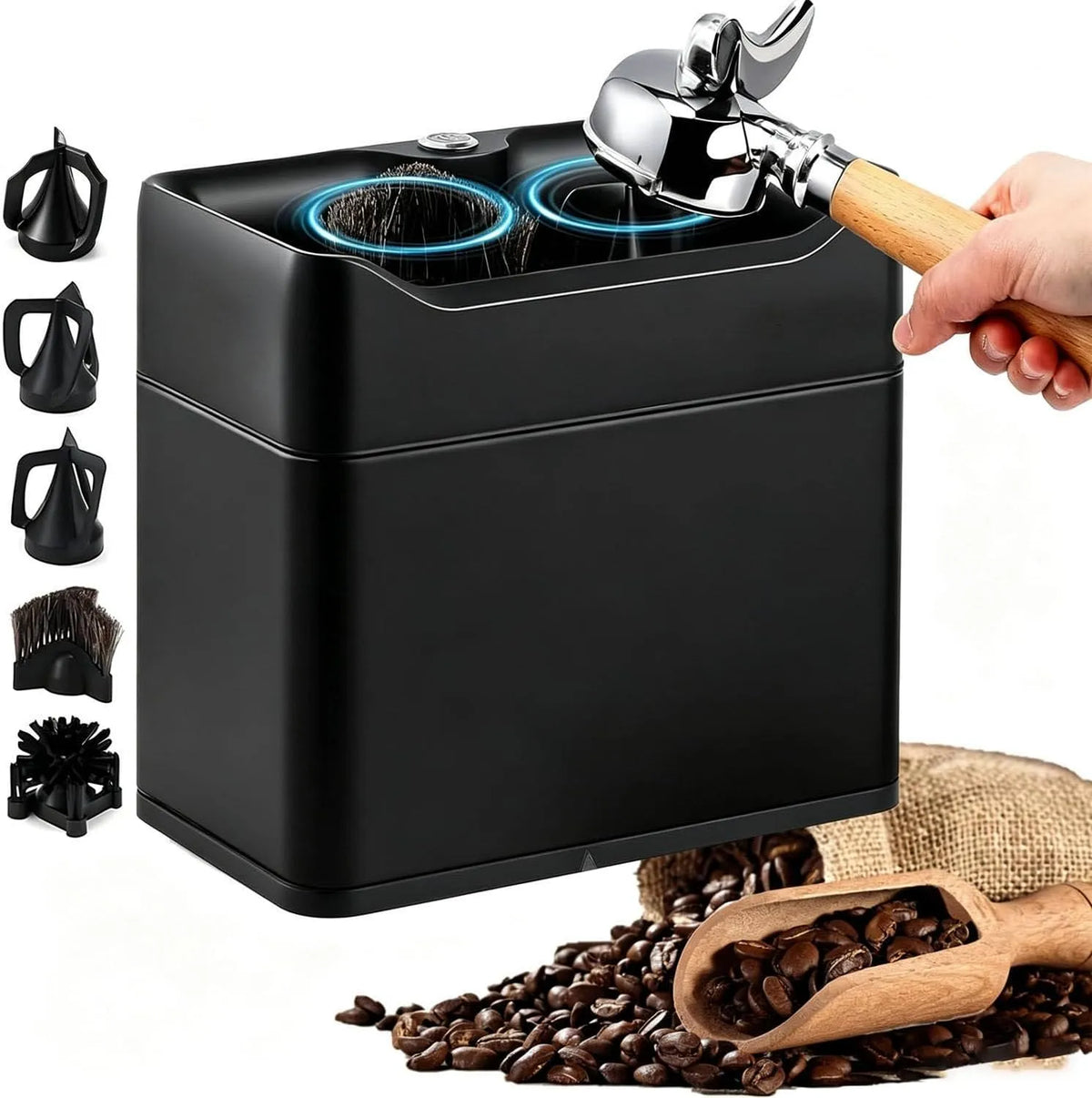 Prodotto elettrica, Macchina automatica per la pulizia dei fondi di caffè e del portafiltro, con 3 raschietti e 2 testine a spazzola, capacità 3L