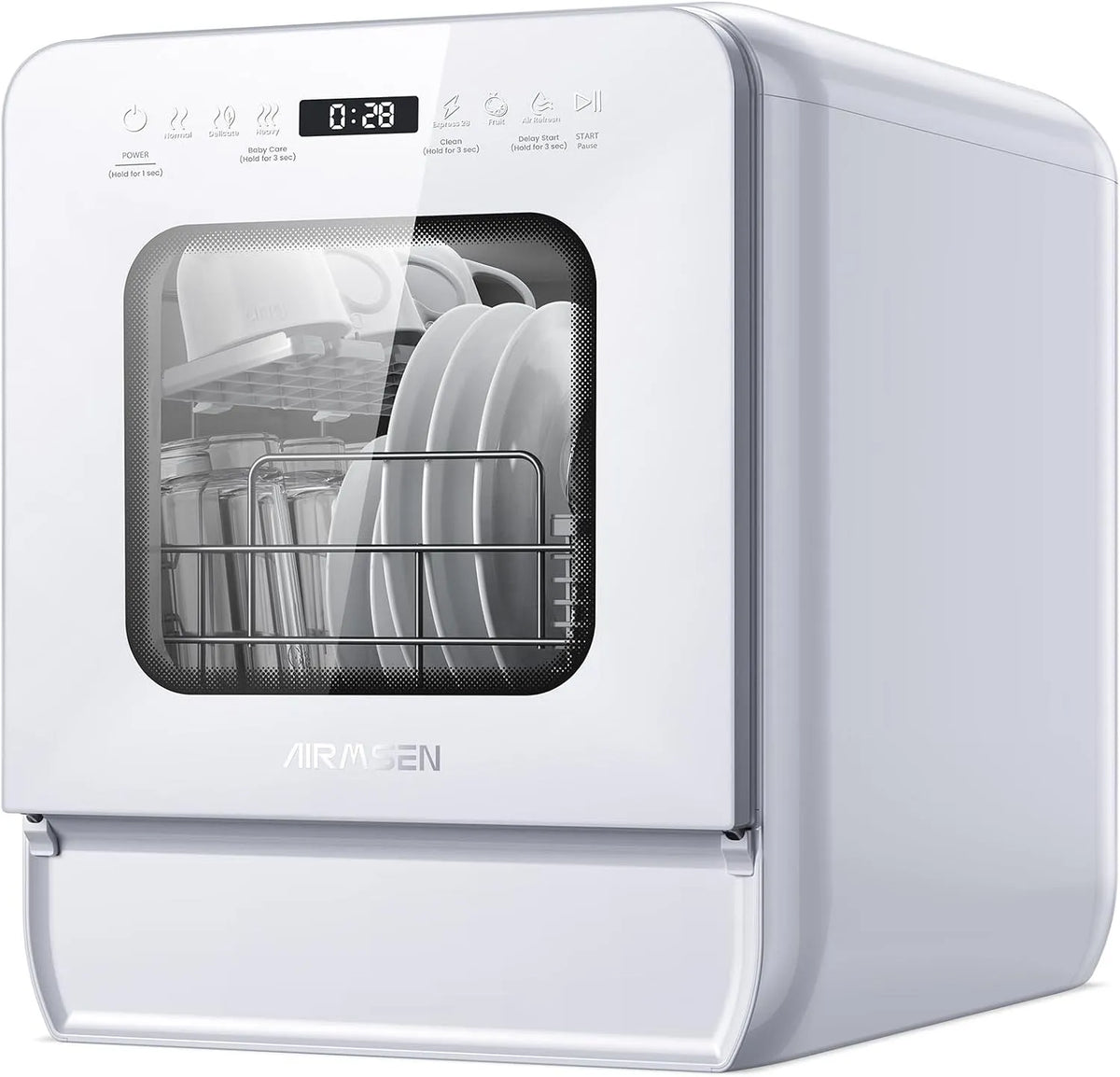 Lavastoviglie 1-24H, 37x50cm, 5 L, 2 programmi, portatile, ampio serbatoio, stretto, bianco, Avvio Ritardato Doppio Getto 360°, Appartamento, Con