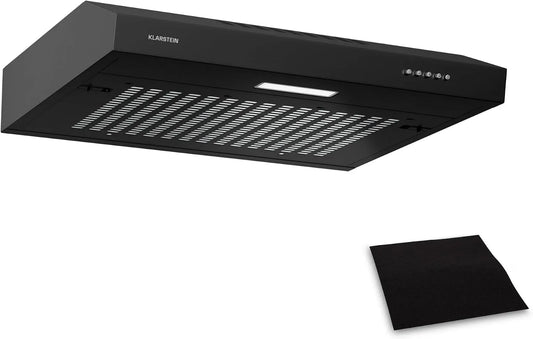Klarstein Cappa aspirante, 60cm, 200 m3/h, 52 dB, cappa da cucina, nero, LED, SlimVent, ora, Efficienza Energetica A+, Filtro a Carboni Attivi