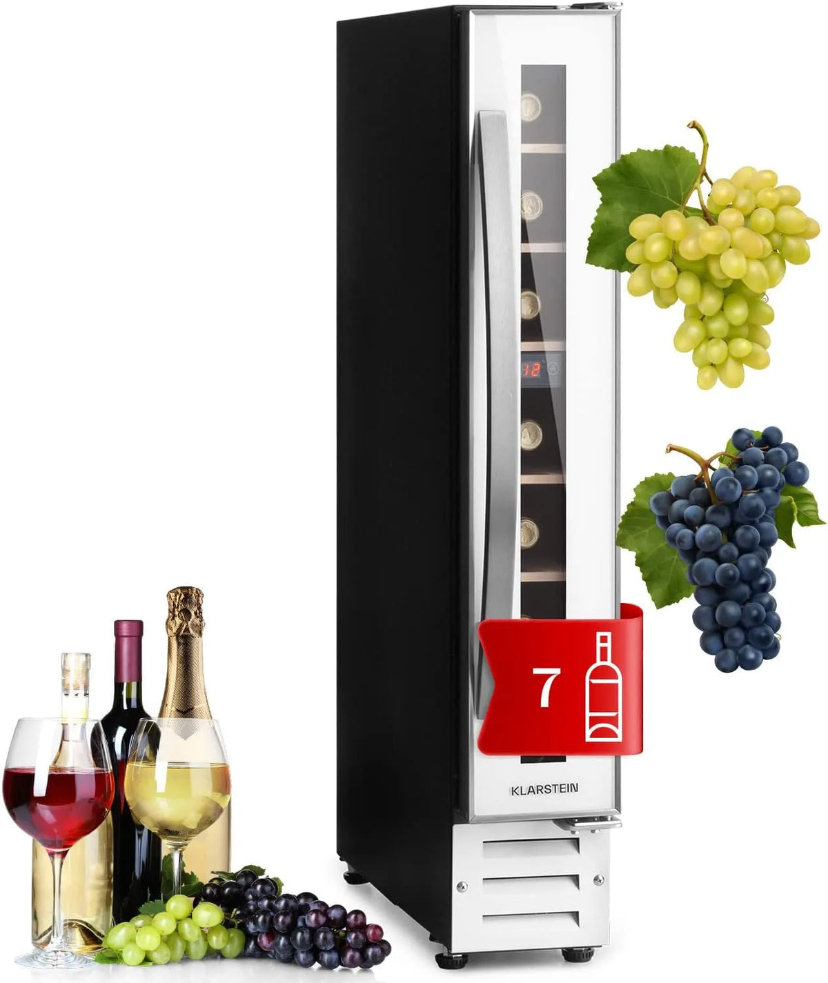 Klarstein Cantinetta vino, 20 L, 7 bottiglie, da incasso, esterno, touch, bianco, 20L, Cantinetta Vino Refrigerata a Zona Singola per Rosso, Interno