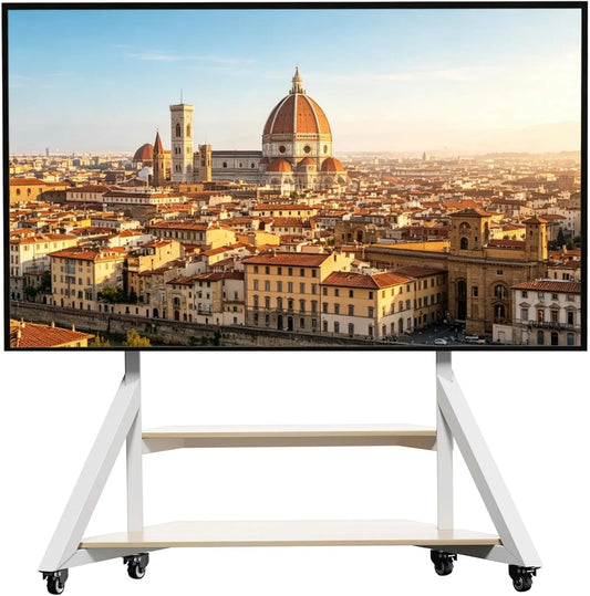 Smart TV, 100 pollici, 800x600mm, televisore, ruote di trasporto, bianco, Peso Max 100kg Base Solida per Schermi Giganti, UNHO Supporto TV da