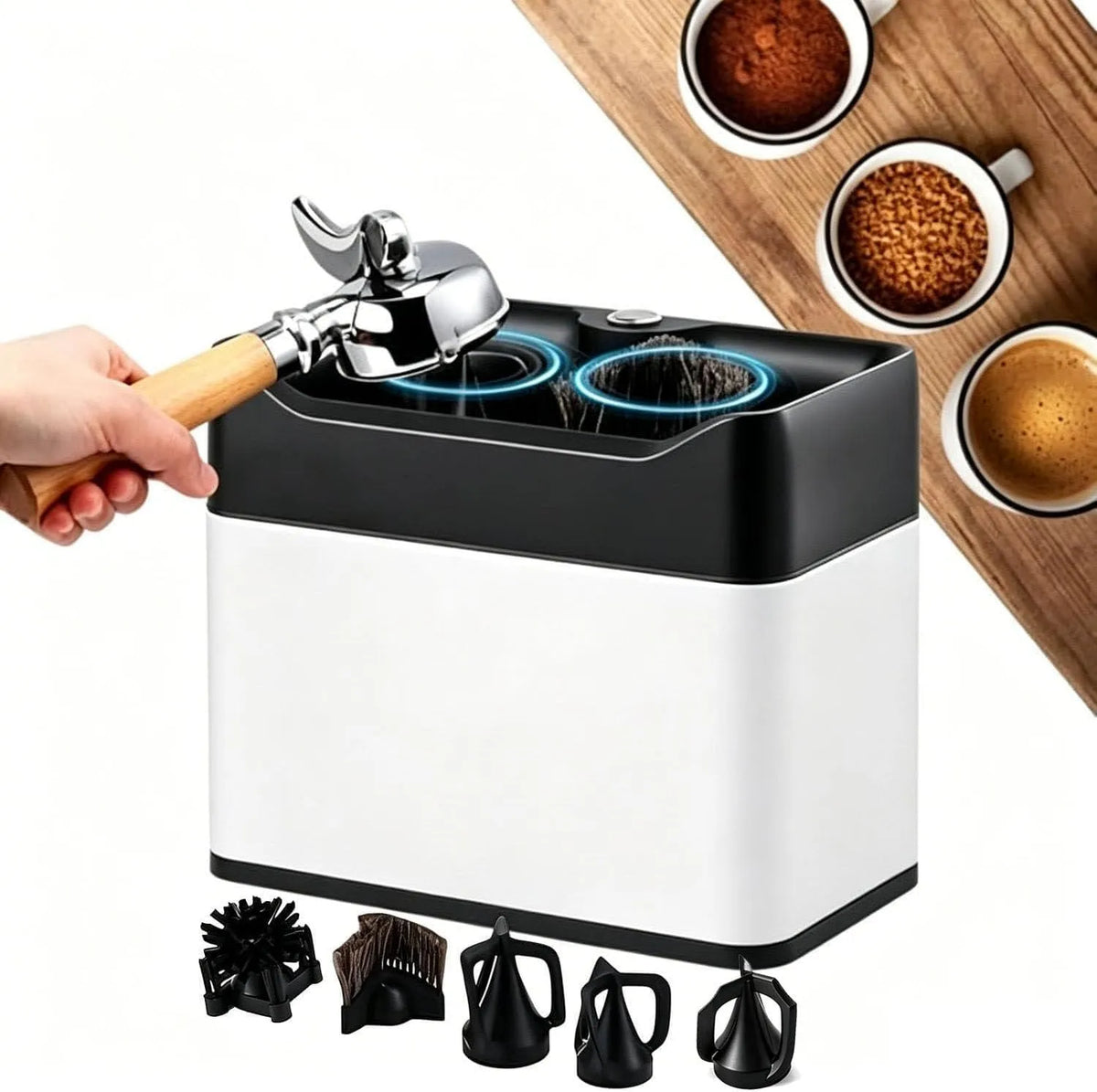 Prodotto pulitore Elettrico per portafiltri con 3 raschietti e Doppia Testina a Spazzola, Pulitore Automatico per Fondi di caffè Espresso, per