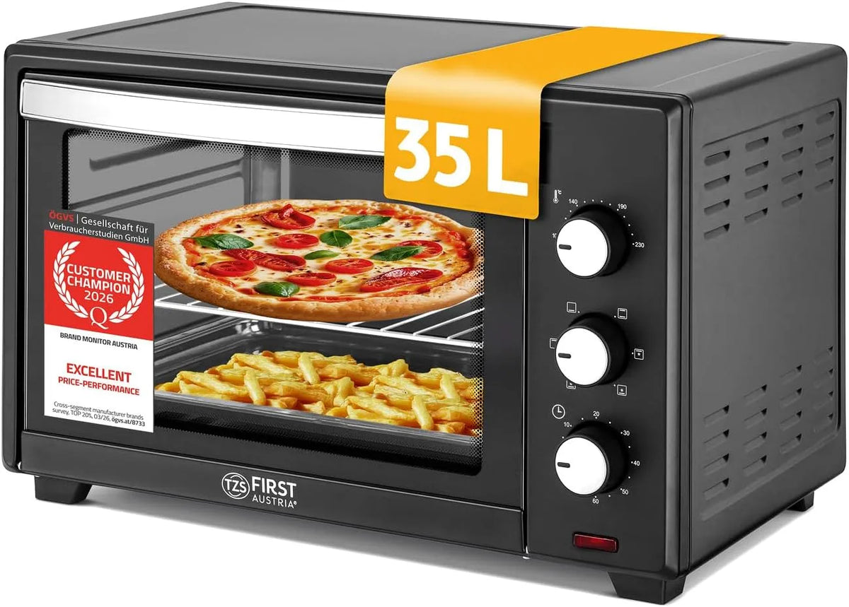 Forno elettrico per pizza, 35 L, 1600 W, timer, compatto, rivestimento antiaderente, 3 altezze di inserimento, TZS First Austria, teglia e griglia