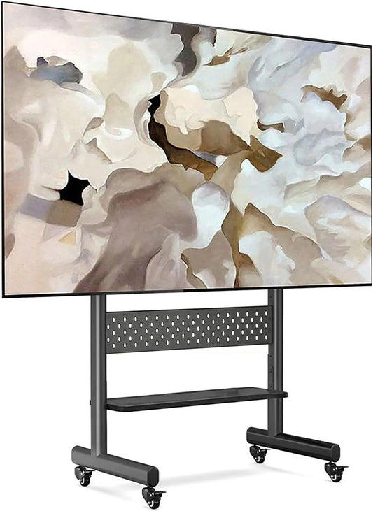 Mobile TV, 85 pollici, ruote di trasporto, carrello portatile per TV con ripiano e pannello forato, supporto per TV arrotolabile, altezza regolabile