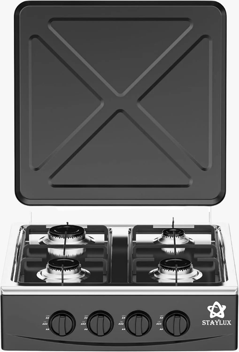 Piano cottura a gas, 4 fuochi, portatile, acciaio inox, fornello a gas, nero, 4 Fuochi con Coperchio