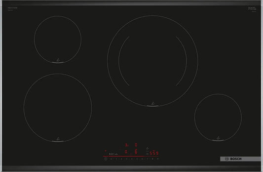 Bosch 80 cm, Piastra a induzione, Serie 6, PIE875HC1E, 4 Zone di cottura, Elettronica DirectSelect, PerfectFry Plus, Home Connect, Nero