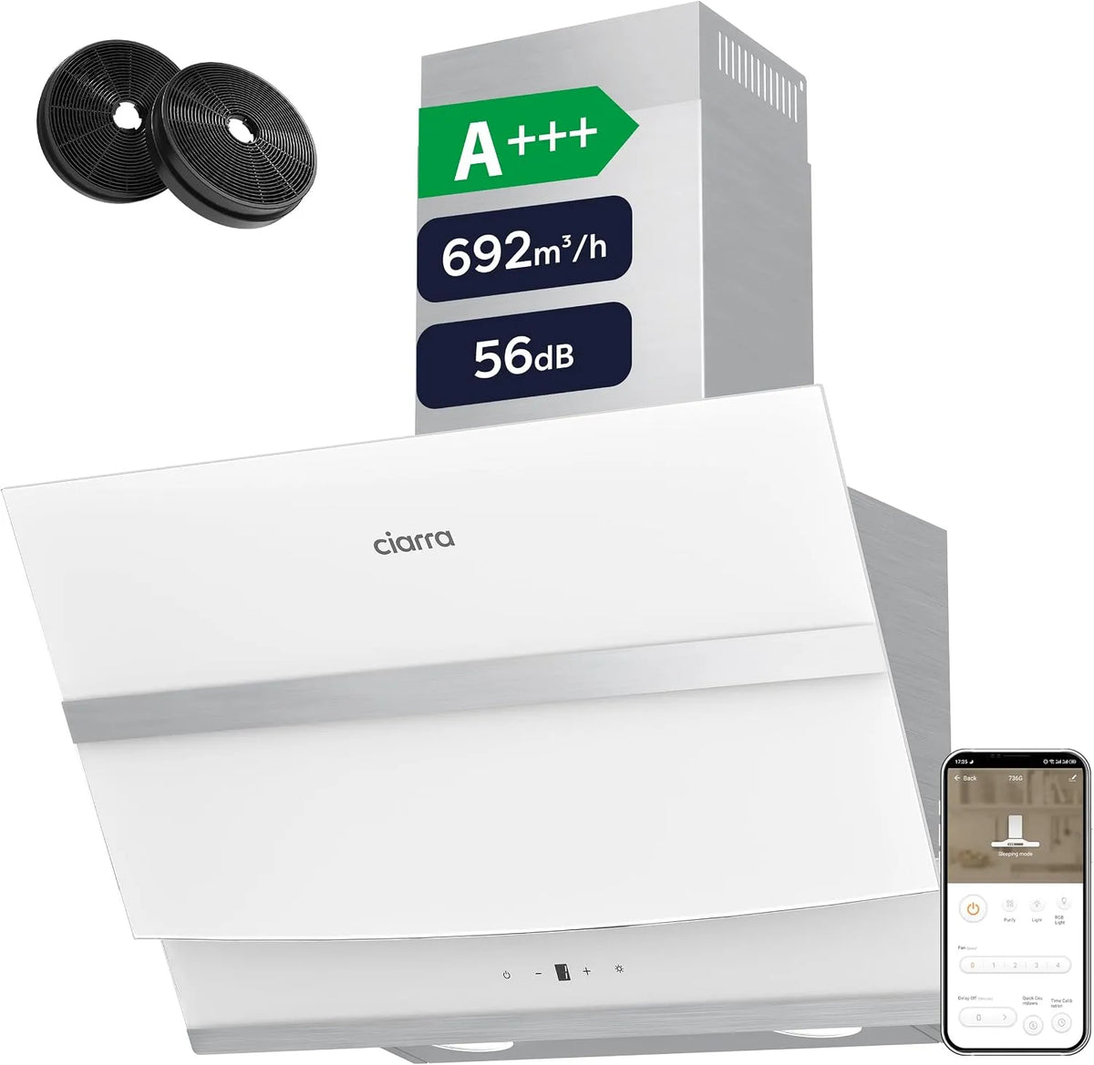 CIARRA CBCW6736N Cappa aspirante, 60 cm, classe energetica A, cappa da cucina, Wi-Fi, bianco