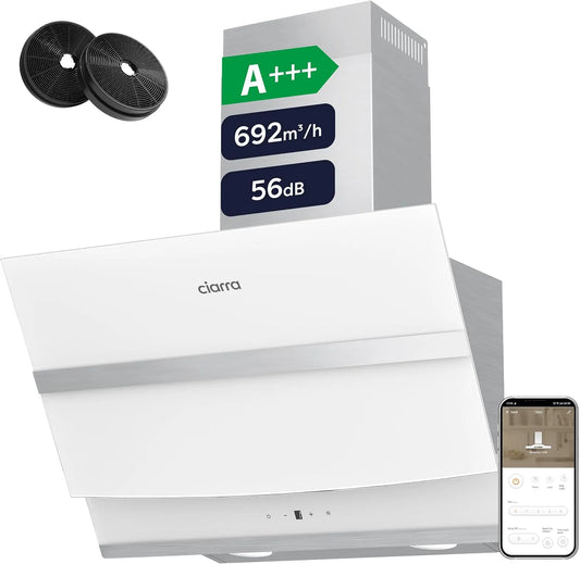 CIARRA CBCW6736N Cappa aspirante, 60 cm, classe energetica A, cappa da cucina, Wi-Fi, bianco