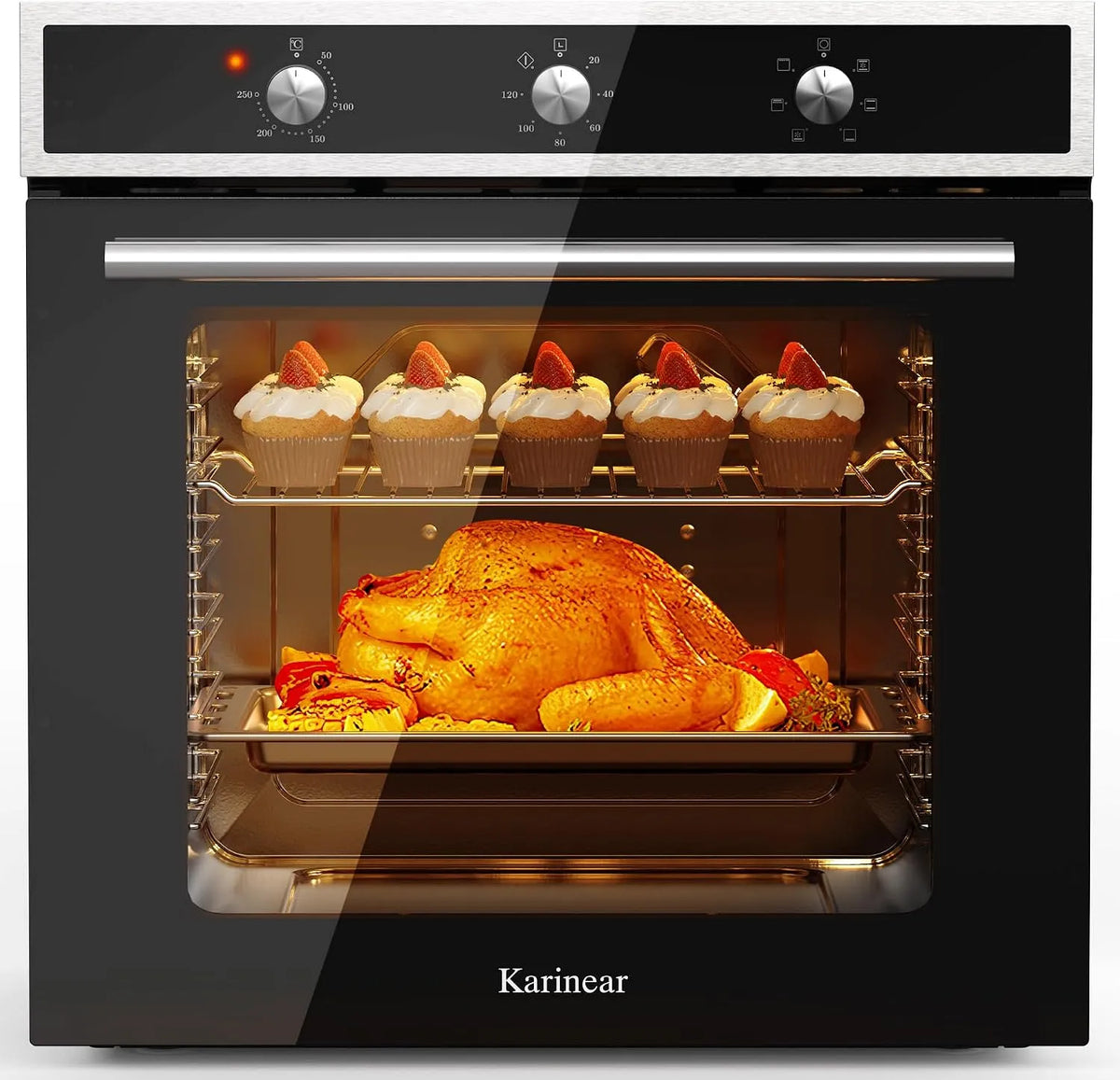 Forno elettrico, 60 L, 2200 W, 6 programmi, 50 a 250 °C, da incasso, acciaio inox, nero, Forni a Conventional + Convezione Ventilato a 6 Funzioni