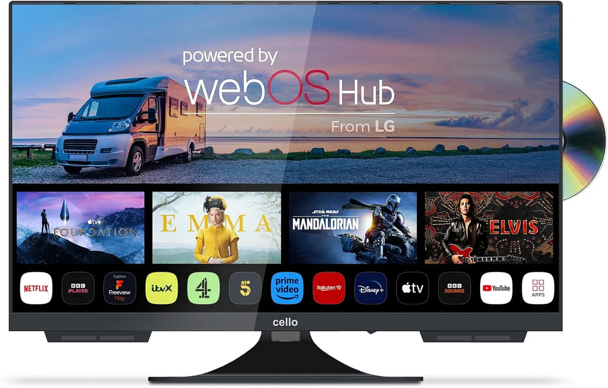 Smart TV, 22 pollici, 12 V, televisore, Cello C2224WSF, webOS, Bluetooth, Caravan e Barca, DVD 12V da 22', Audio Pitch Perfect, ideale per Camper
