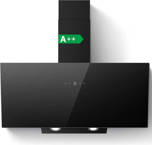 Cappa aspirante, 90 cm, 700 m3/h, cappa da cucina, scarico e ricircolo, touch, 3 livelli, nero, 2 Filtri a Carbone, LED, Efficienza A++