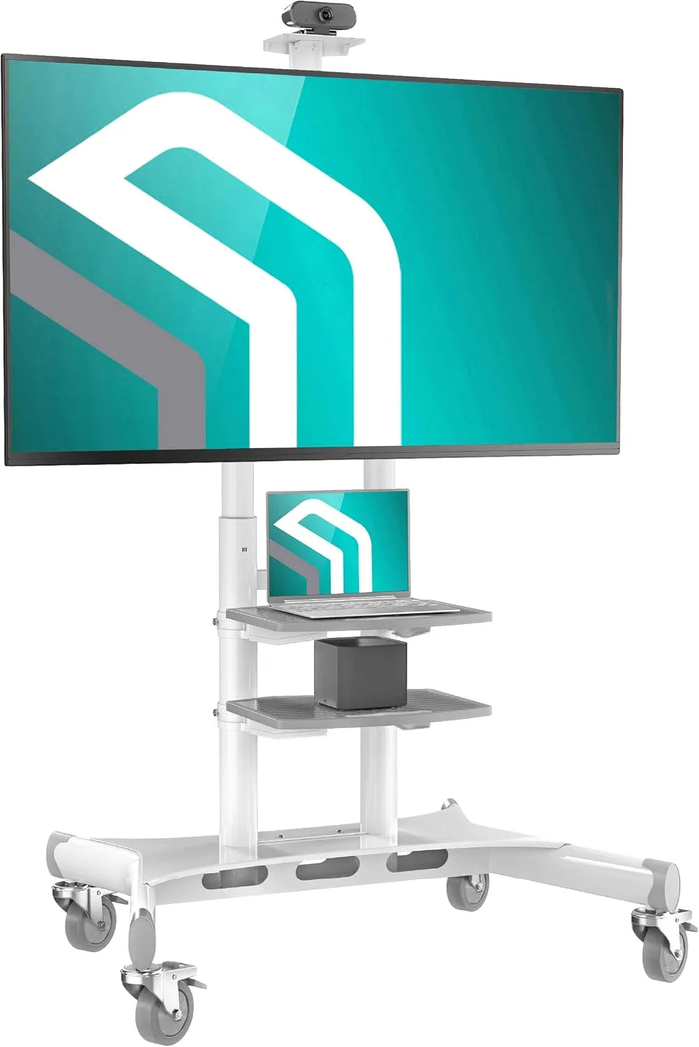 Smart TV TS1881-W, 86 pollici, 800x500 mm, 200 × 200, televisore, bianco, Carico Totale fino a 105, 2 Ripiani, 9 kg, Porta TV da Terra Mobile VESA