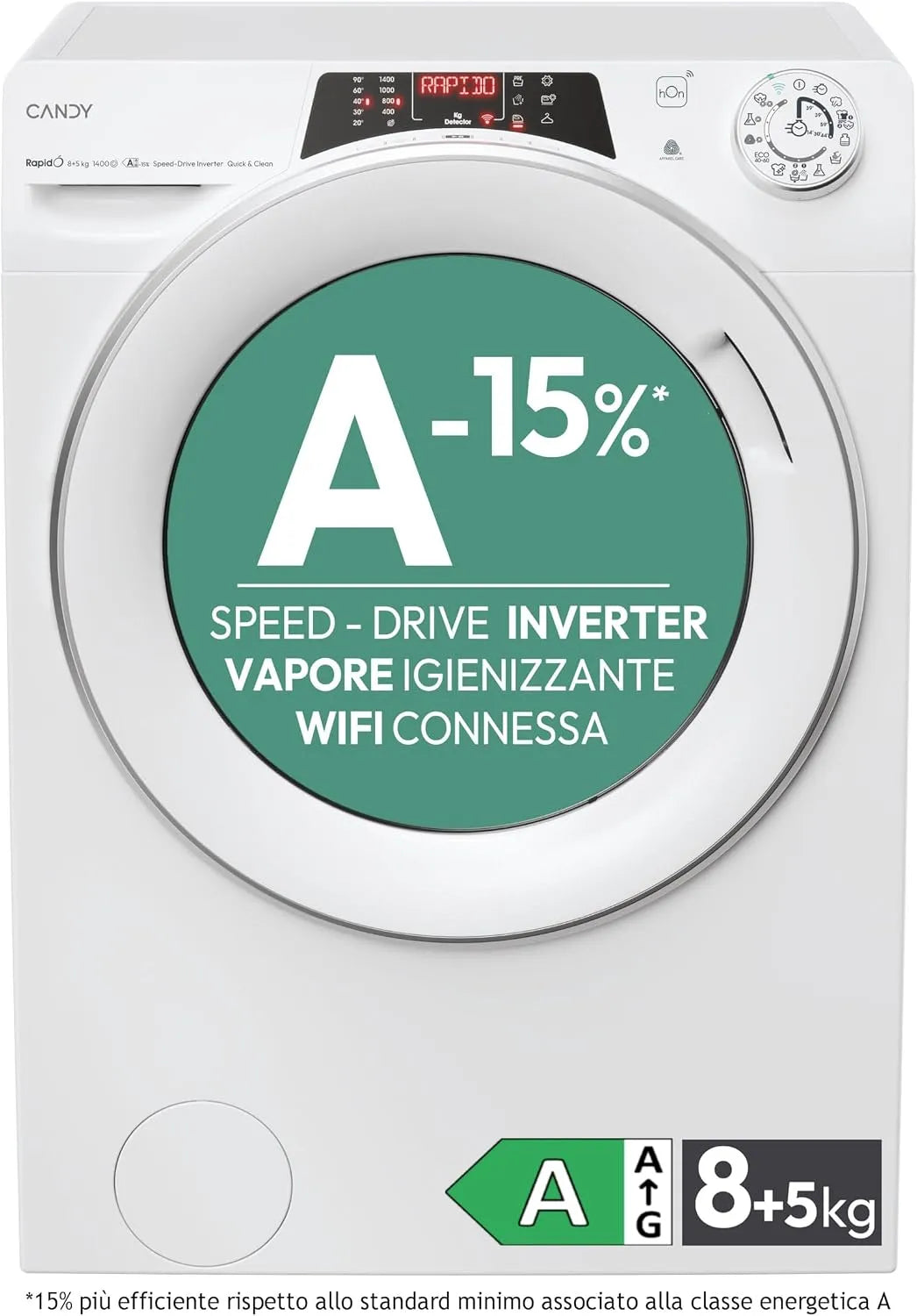 Candy 4856DWMS7-S Lavasciuga, 8+5 kg, 85 x 60 x 54 cm, classe energetica A, lavatrice, asciugatrice, vapore, Wi-Fi, Inverter, 1400 Giri, Wi-Fi + BLE