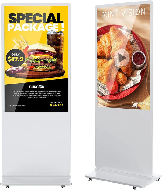 Display digital signage, display pubblicitario LCD, touch, Wi-Fi, Android OS, Full HD, HDMI, USB, visualizzazione pubblicitaria digitale, bianco