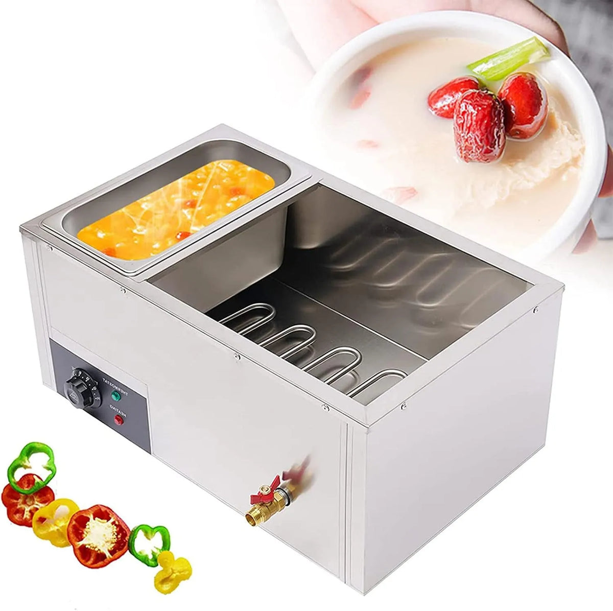 Prodotto Tavolo Elettrico a Vapore da 850 W, Scaldavivande Elettrico, Temperatura Regolabile, scaldavivande Commerciale a 3 teglie, Attrezzatura