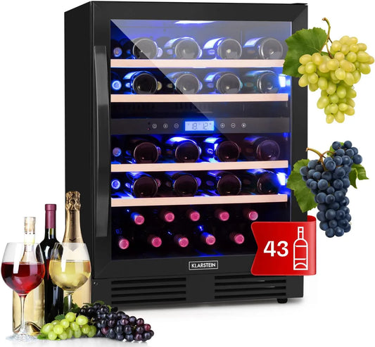 Klarstein Cantinetta vino, 129 L, 43 bottiglie, da incasso, esterno, touch, bianco, 129L, Cantinetta Vino Refrigerata a Zona Doppia per Rosso