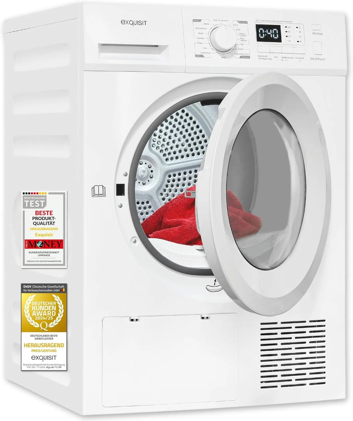 Exquisit TWP1001-030D Asciugatrice, 16 programmi, 10 kg, bianco, LED, protezione antipiega, caricamento frontale