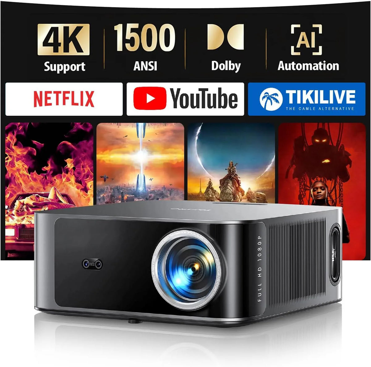 Smart TV, televisore, Proiettore Ufficiale, 1500 ANSI/36W, 4K UHD, audio Dolby, Wi-Fi, Bluetooth, Evita Ostacoli Proiettere TV TOPTRO X9, Esterni