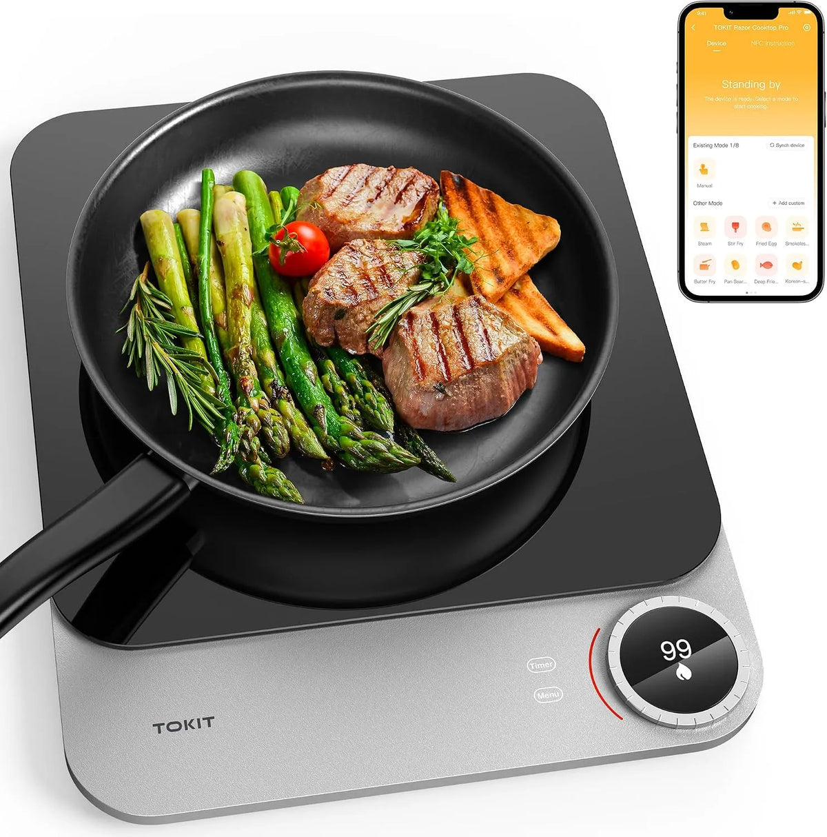 Piano cottura a induzione, 2100 W, piastra a induzione, portatile, app, 99 Livelli Di Potenza, 20 MM, Induction Cooker Ultra Sottile, Fornello A