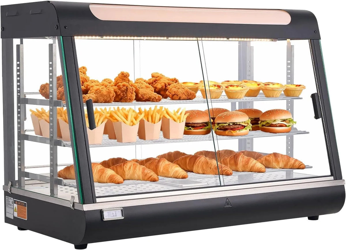 VEVOR Espositore Scaldavivande da 1400 W con Luce LED, Espositore Scaldavivande Commerciale a 3 Livelli, Vano Portaoggetti Superiore e Ripiani