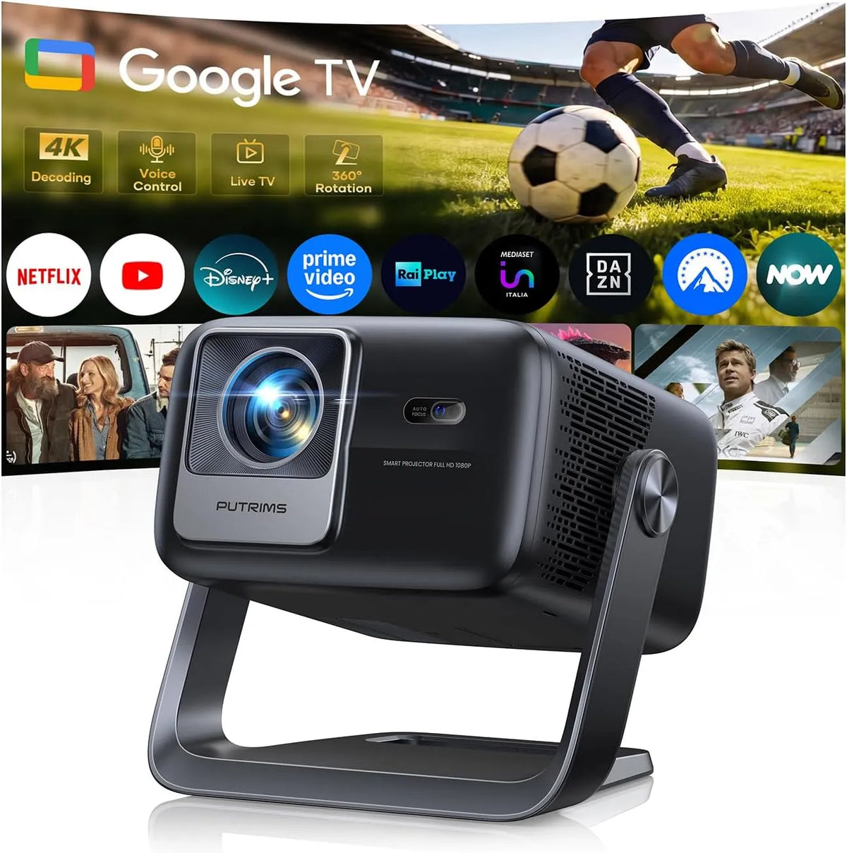 Google Smart TV, televisore, 4K UHD, HDR, Wi-Fi, portatile, Bluetooth, 1200 ANSI, Proiettore 4K【Google TV, 360° Rotazione, Projector Soffitto e Home