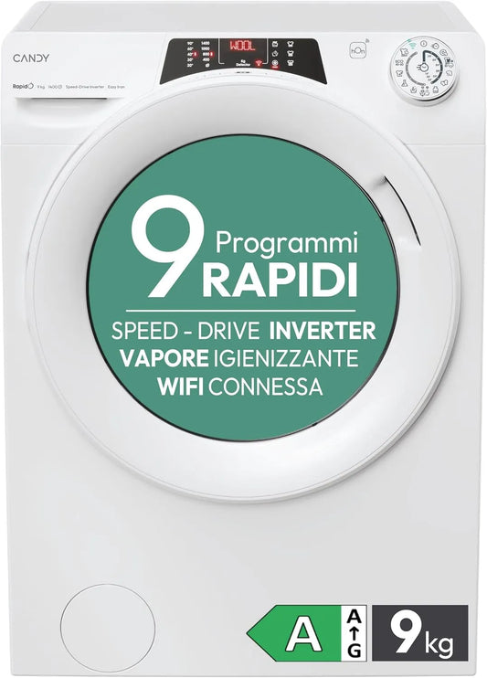 Candy 1294DWMSE/1-S Lavatrice, 60x53x85 cm, 9 kg, classe energetica A, Wi-Fi, vapore, bianco, 1200 Giri, Wi-Fi + BLE, Connesso, Quick&Clean