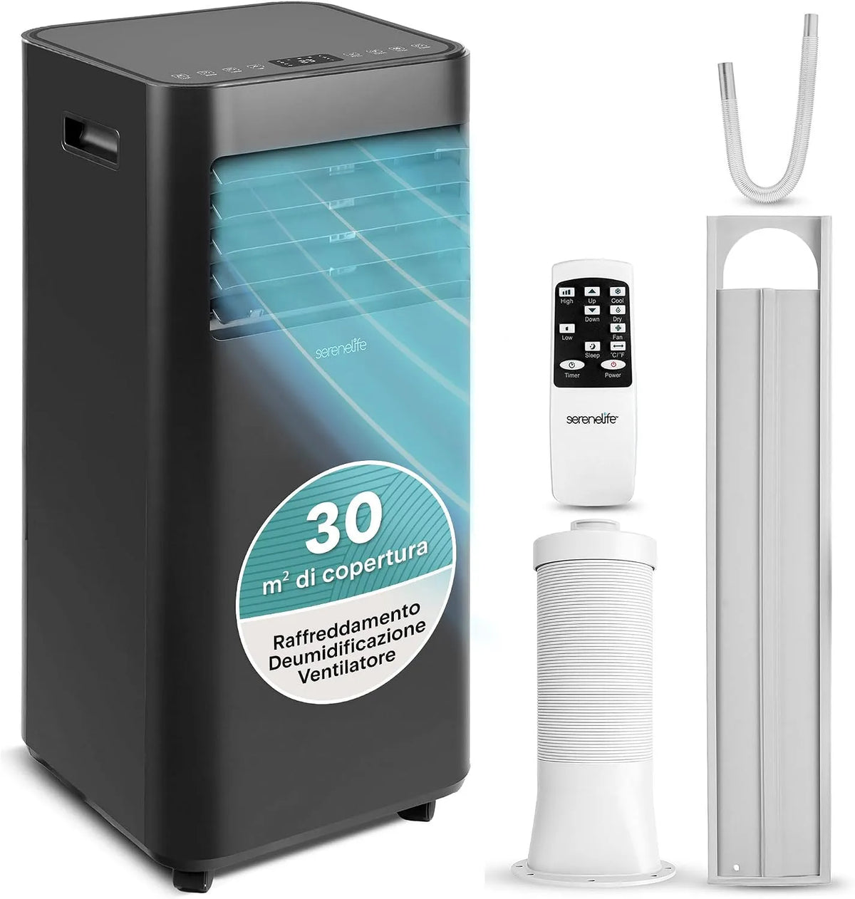 Condizionatore, portatile, nero, 64 kW, Ventilatore e Deumidificatore, Compatto con Raffreddamento, Telecomando e Kit Finestra