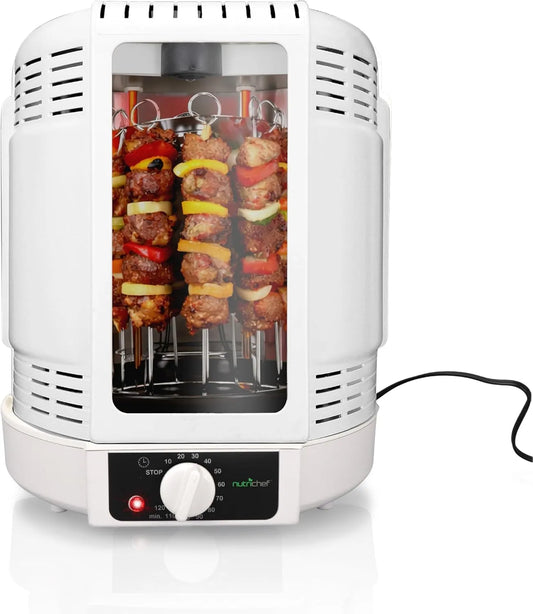 Prodotto Torre Cestello e Vassoio, NutriChef Girarrosto Elettrico Verticale Kebab con Spiedo e Griglia, per Carne, Pollo, Tacchino, Agnello, Bianco