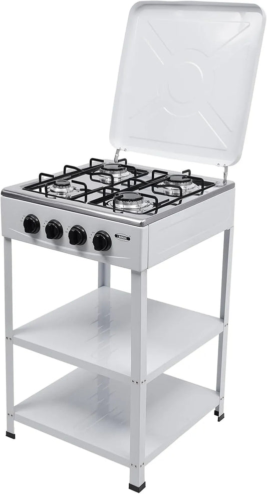 Prodotto Fornello Da Cucina Con Supporto, Cucina A Gas 4 Fuochi Bianca, Coperchio E 2 Ripiani, Compatta E Robusta, Ideale Per Casa, Campeggio E Uso